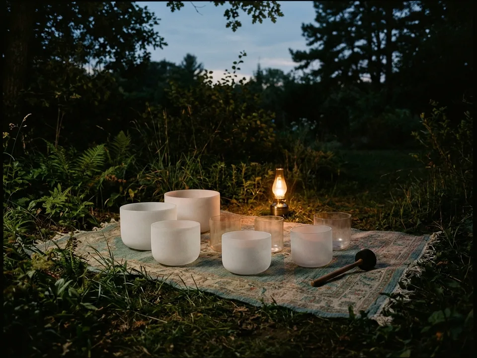 Crystal singing bowls and a mallet arranged on a rug in low lamplight