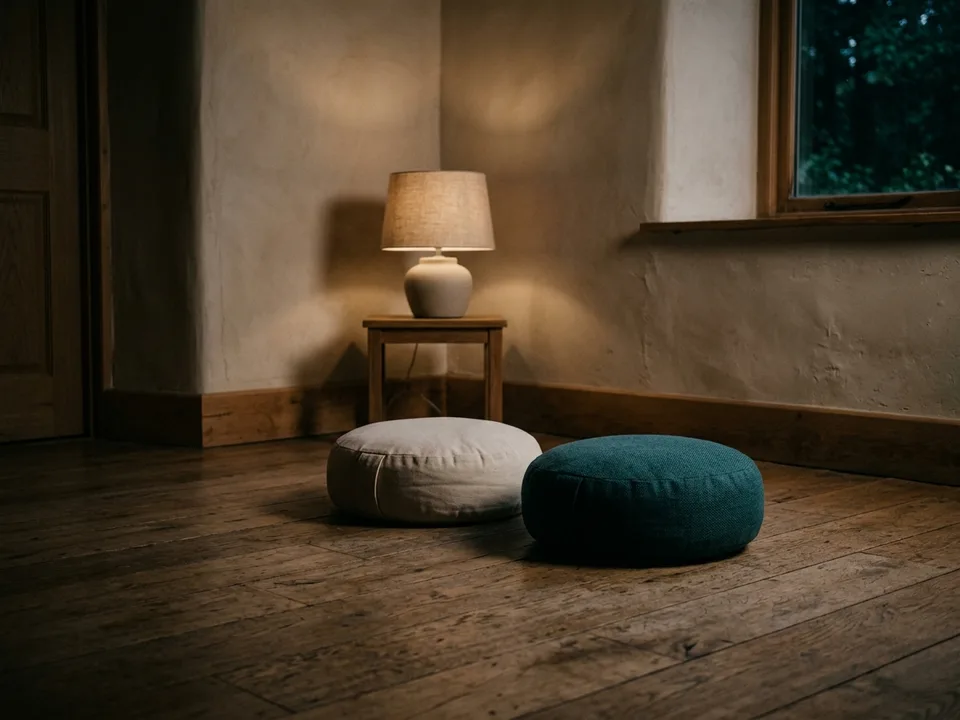 Two round meditation cushions on a bare wooden floor beside a low lamp