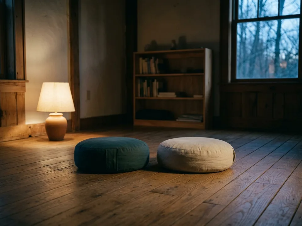 Two round meditation cushions on a bare wooden floor beside a low lamp