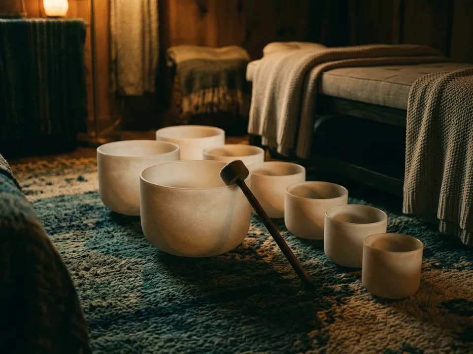 Crystal singing bowls and a mallet arranged on a rug in low lamplight