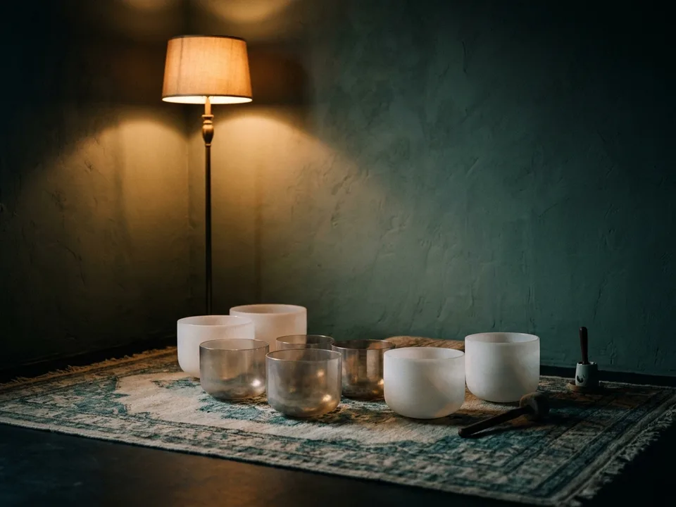 Crystal singing bowls and a mallet arranged on a rug in low lamplight