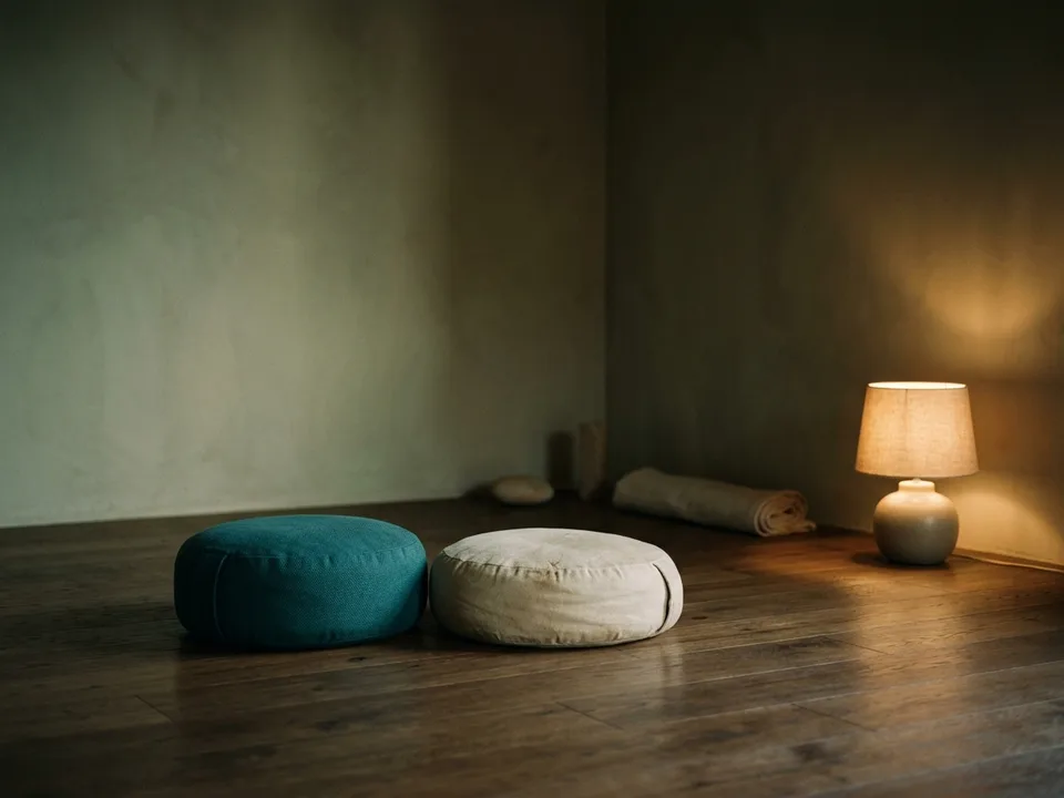 Two round meditation cushions on a bare wooden floor beside a low lamp