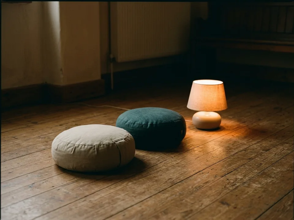 Two round meditation cushions on a bare wooden floor beside a low lamp