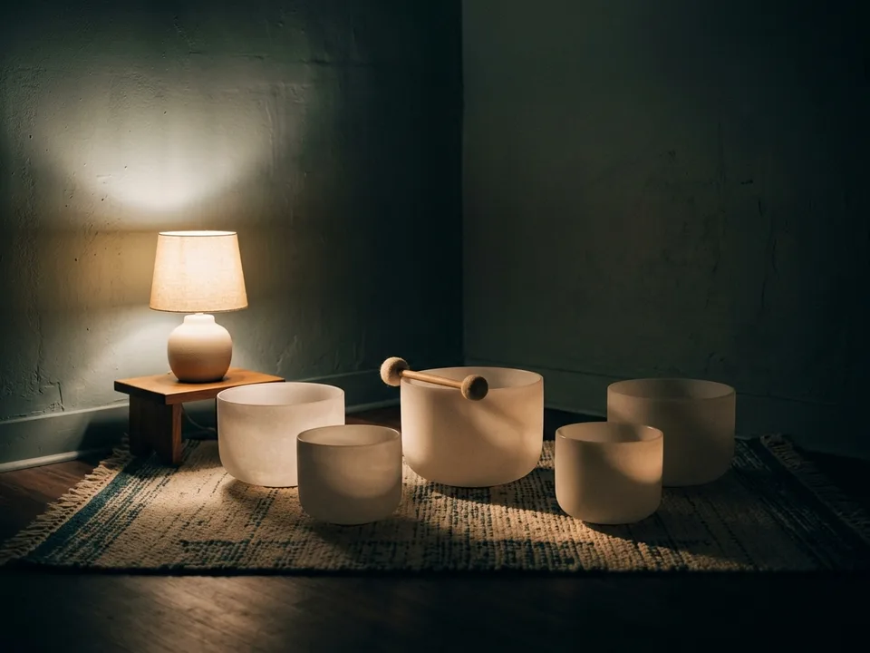 Crystal singing bowls and a mallet arranged on a rug in low lamplight