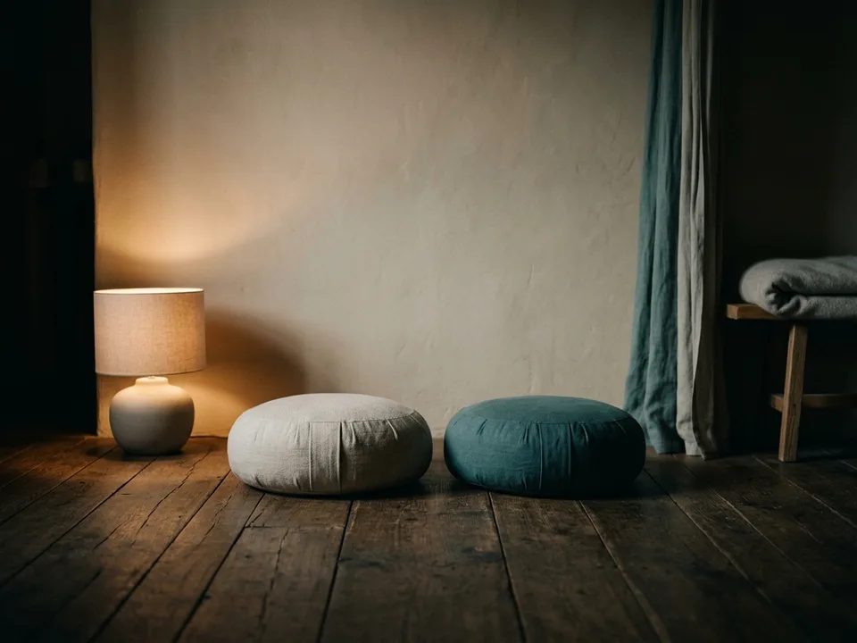 Two round meditation cushions on a bare wooden floor beside a low lamp