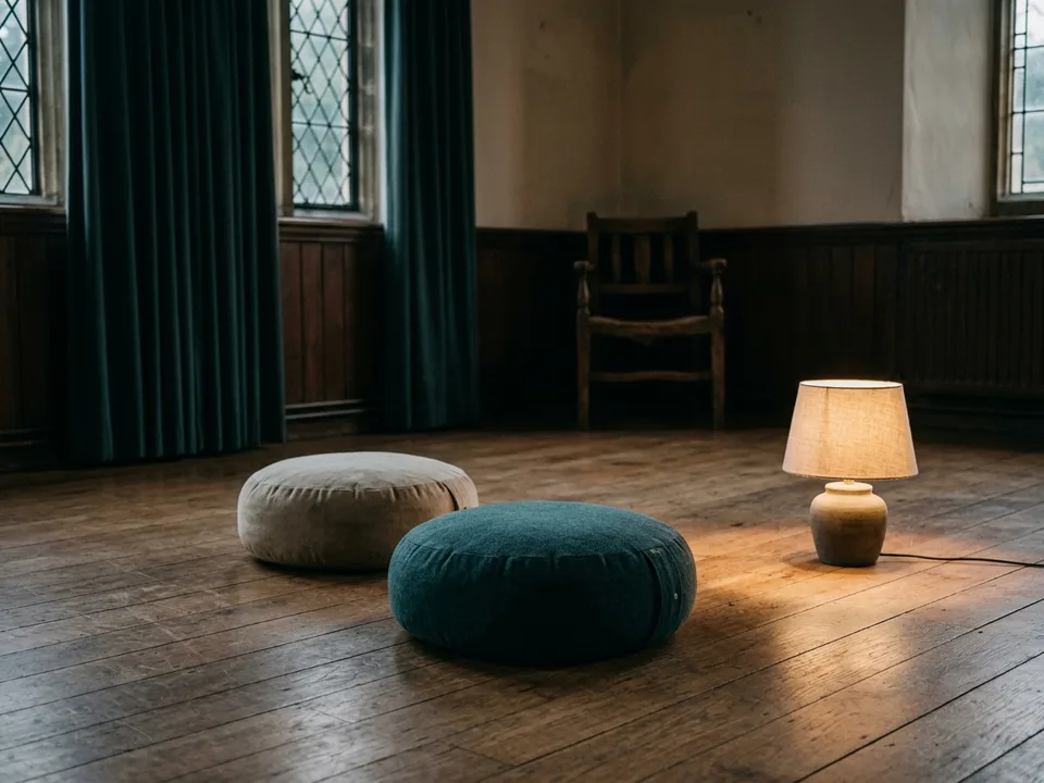 Two round meditation cushions on a bare wooden floor beside a low lamp