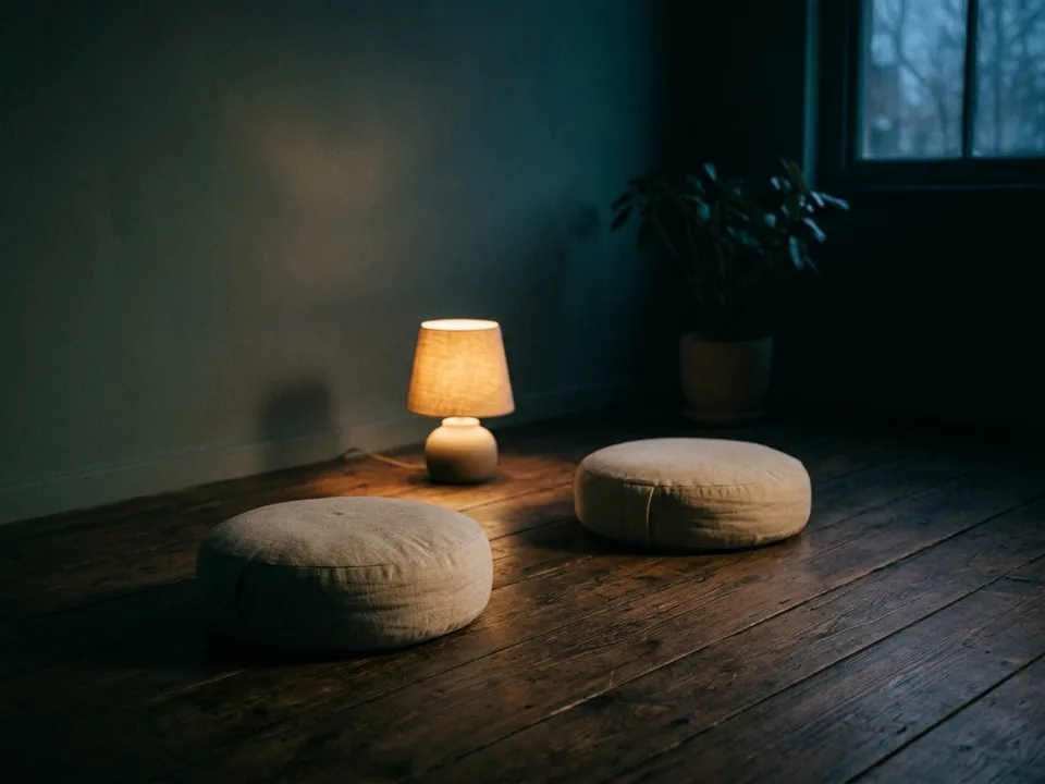Two round meditation cushions on a bare wooden floor beside a low lamp