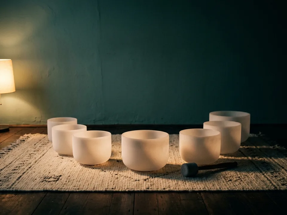 Crystal singing bowls and a mallet arranged on a rug in low lamplight