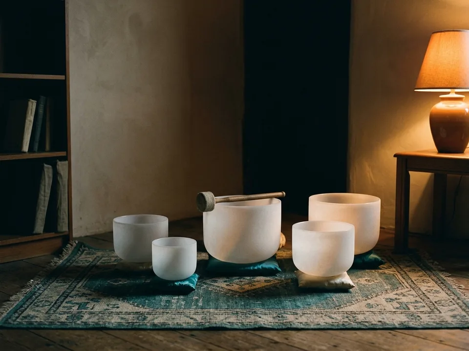Crystal singing bowls and a mallet arranged on a rug in low lamplight