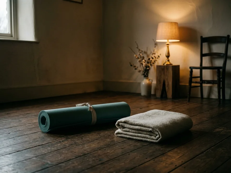 A rolled yoga mat and a folded blanket on a wooden floor in morning light