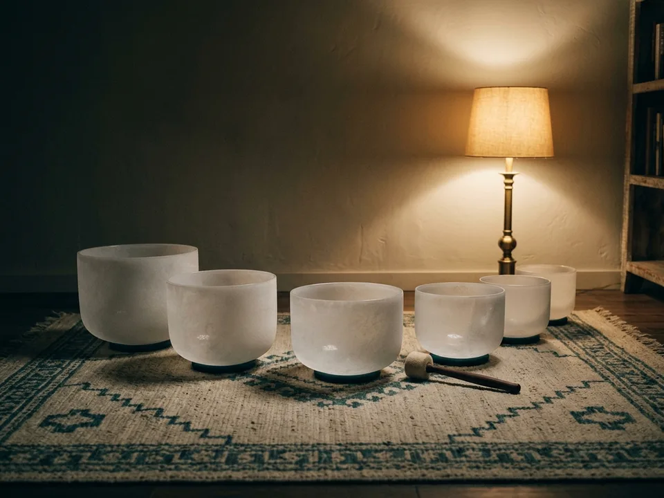 Crystal singing bowls and a mallet arranged on a rug in low lamplight