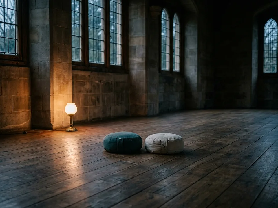 Two round meditation cushions on a bare wooden floor beside a low lamp
