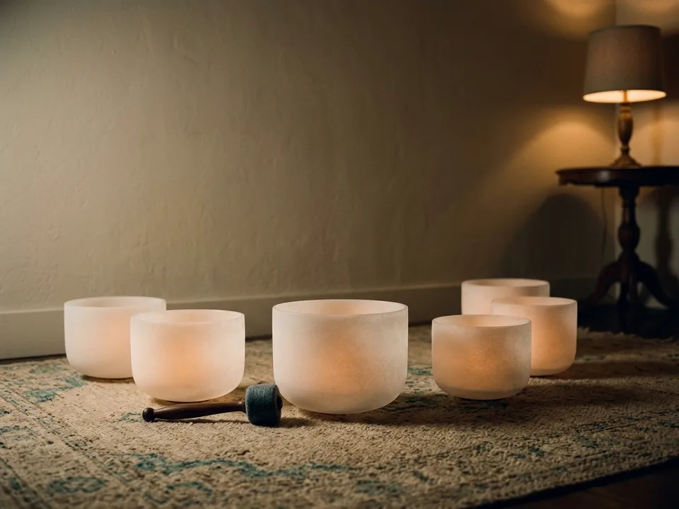 Crystal singing bowls and a mallet arranged on a rug in low lamplight