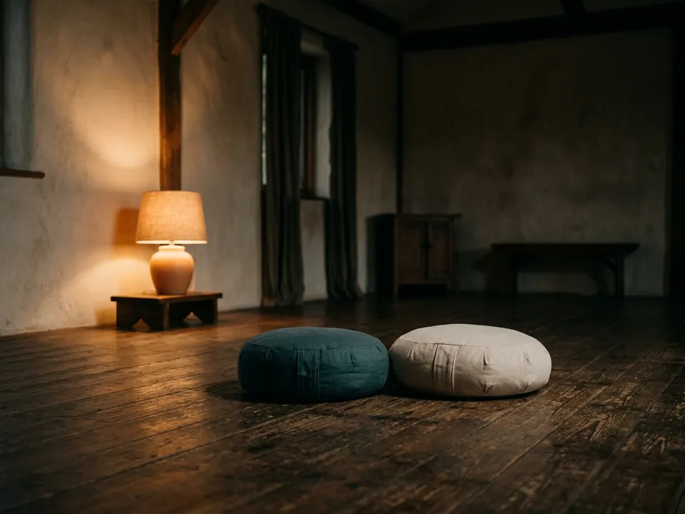 Two round meditation cushions on a bare wooden floor beside a low lamp