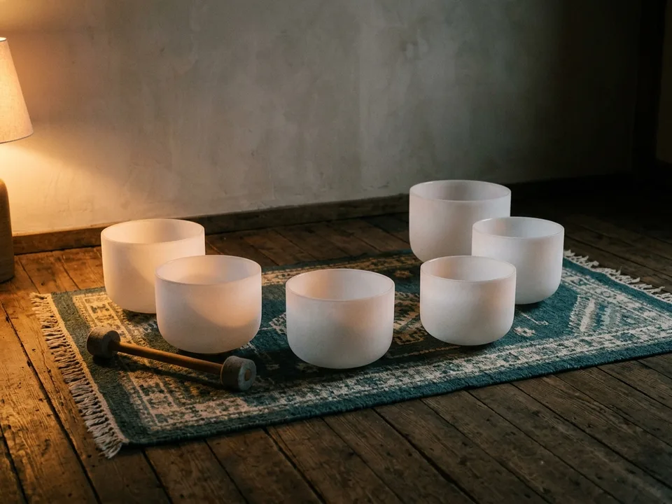 Crystal singing bowls and a mallet arranged on a rug in low lamplight
