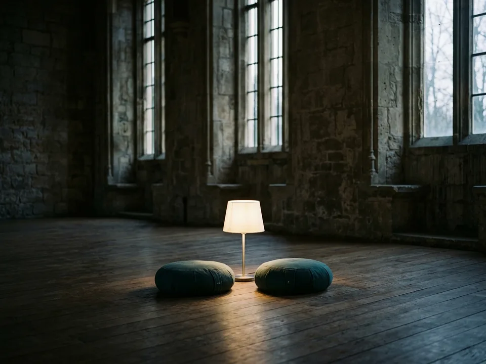 Two round meditation cushions on a bare wooden floor beside a low lamp