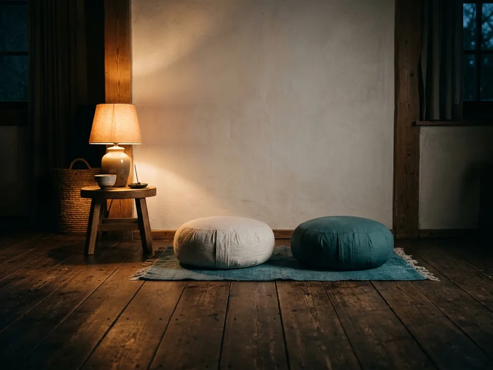 Two round meditation cushions on a bare wooden floor beside a low lamp