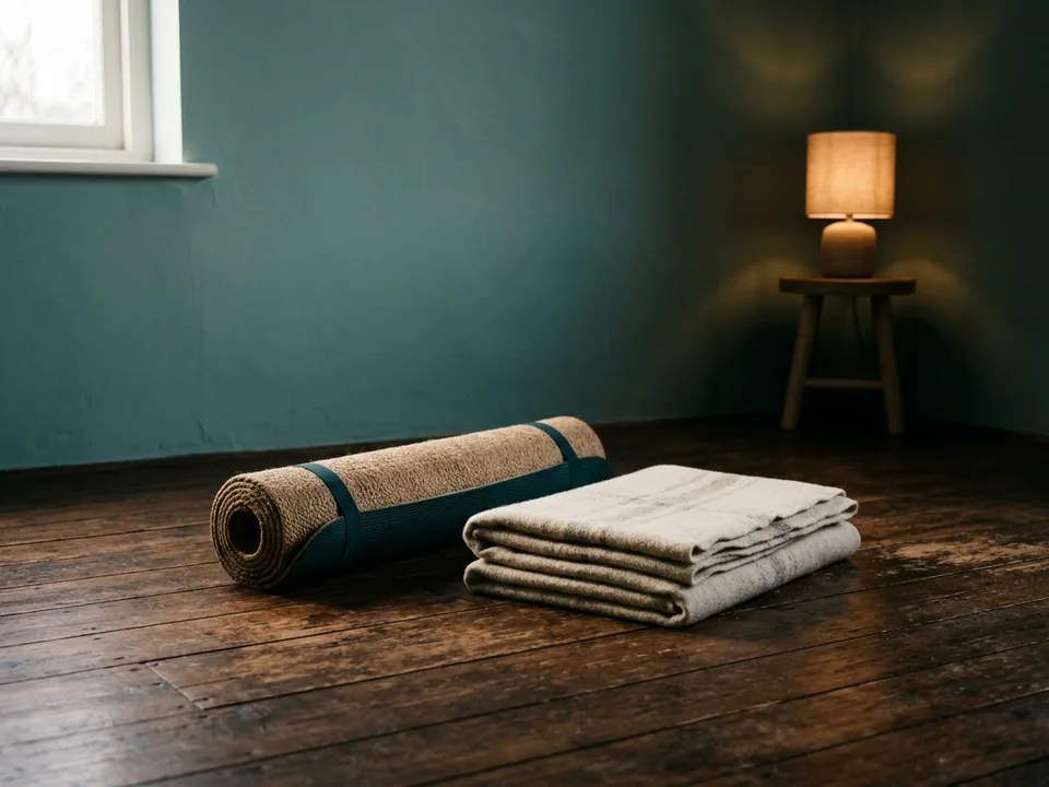 A rolled yoga mat and a folded blanket on a wooden floor in morning light