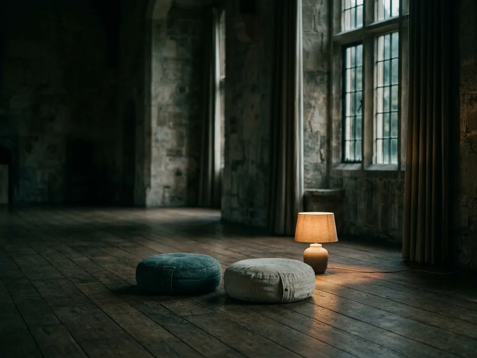 Two round meditation cushions on a bare wooden floor beside a low lamp