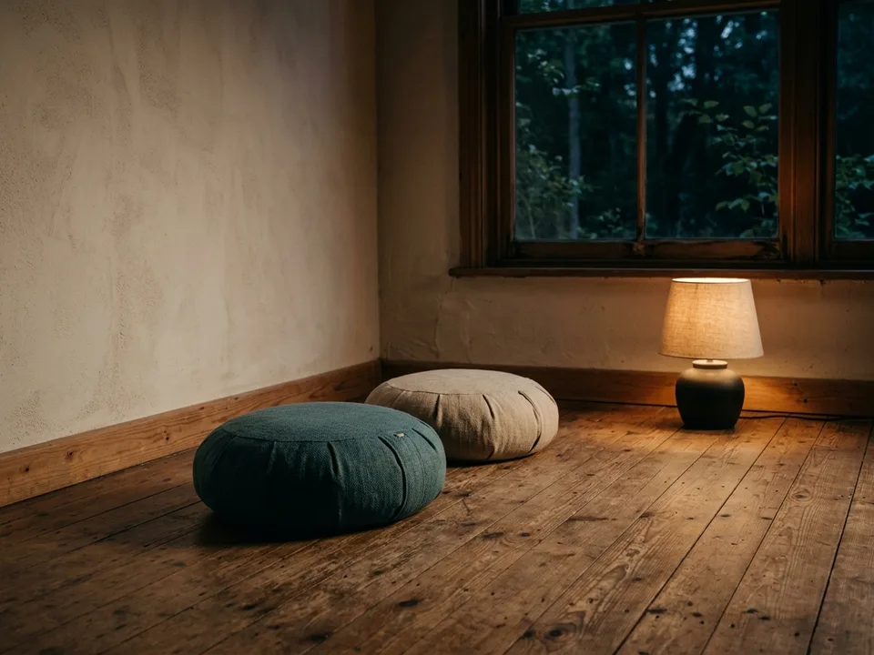 Two round meditation cushions on a bare wooden floor beside a low lamp