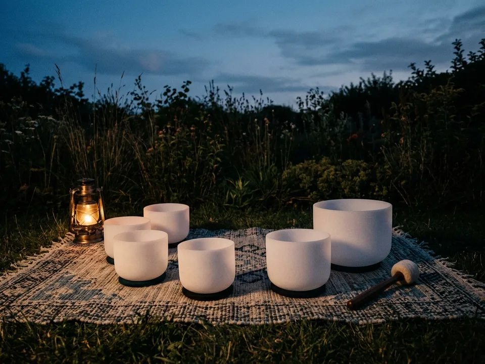 Crystal singing bowls and a mallet arranged on a rug in low lamplight