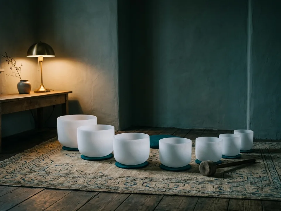 Crystal singing bowls and a mallet arranged on a rug in low lamplight