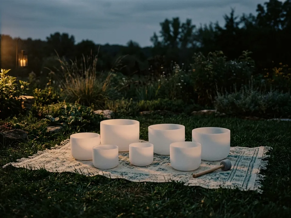 Crystal singing bowls and a mallet arranged on a rug in low lamplight