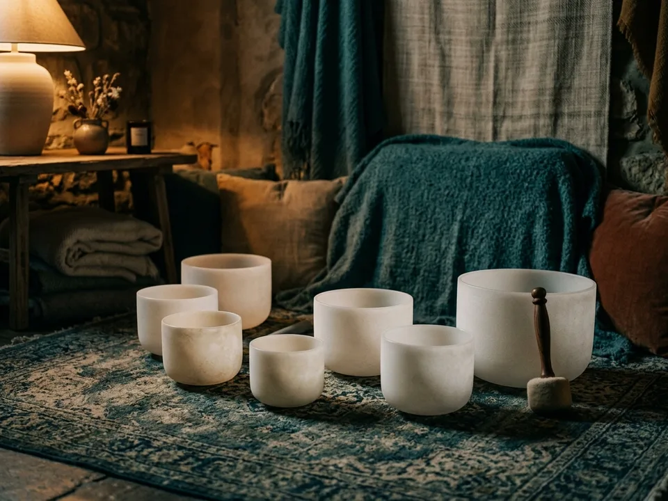 Crystal singing bowls and a mallet arranged on a rug in low lamplight
