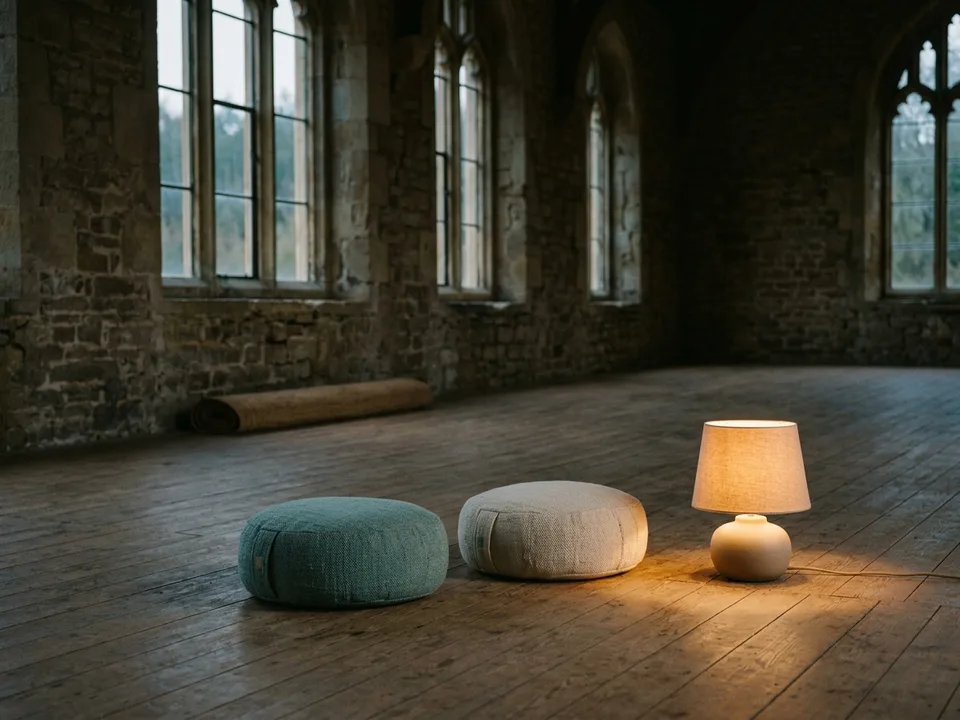 Two round meditation cushions on a bare wooden floor beside a low lamp