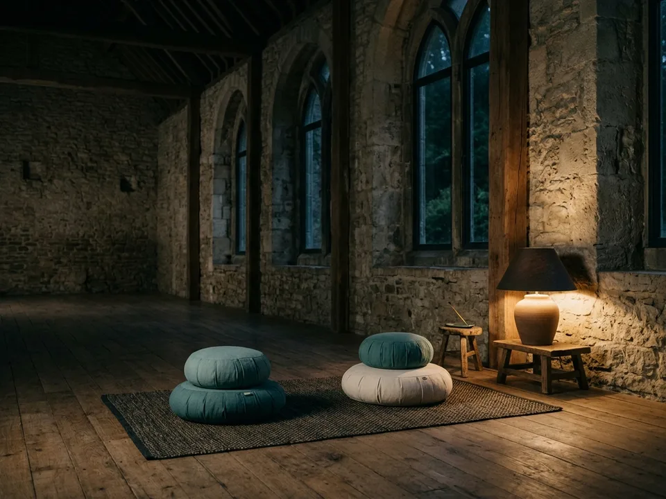Two round meditation cushions on a bare wooden floor beside a low lamp