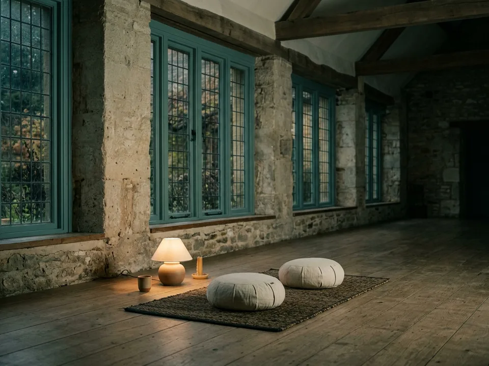 Two round meditation cushions on a bare wooden floor beside a low lamp