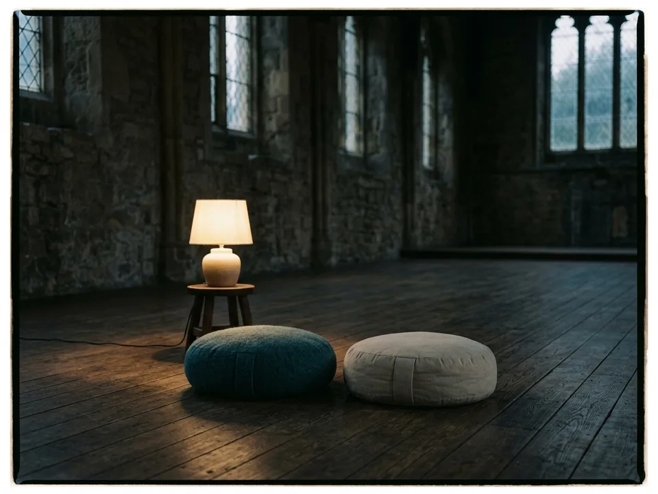 Two round meditation cushions on a bare wooden floor beside a low lamp
