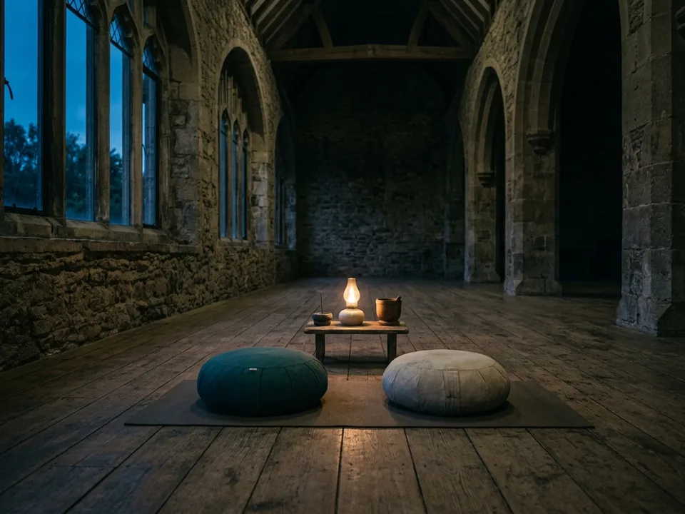 Two round meditation cushions on a bare wooden floor beside a low lamp