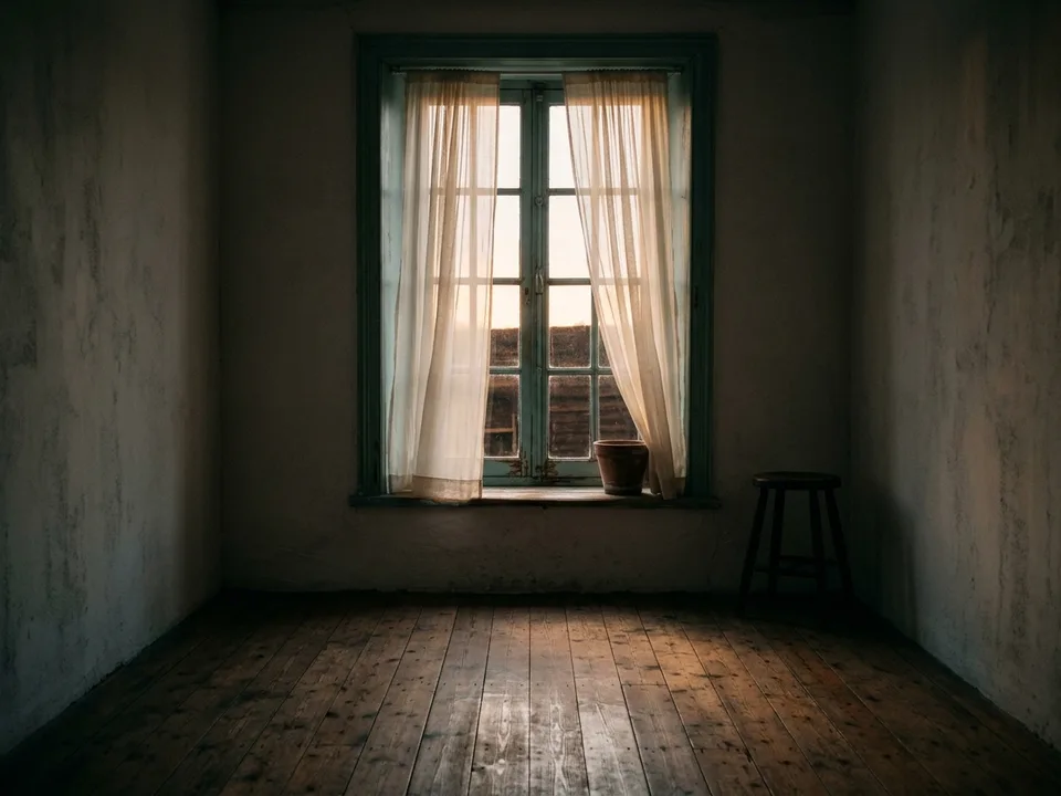 A tall window at dawn, sheer curtains and first light across an empty floor