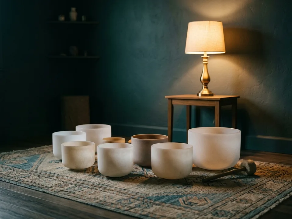 Crystal singing bowls and a mallet arranged on a rug in low lamplight