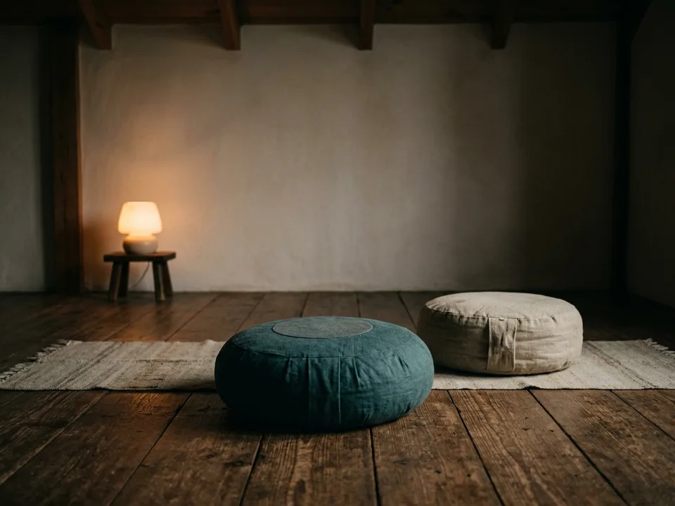 Two round meditation cushions on a bare wooden floor beside a low lamp