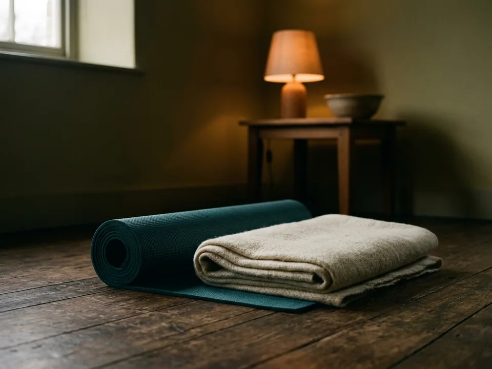 A rolled yoga mat and a folded blanket on a wooden floor in morning light