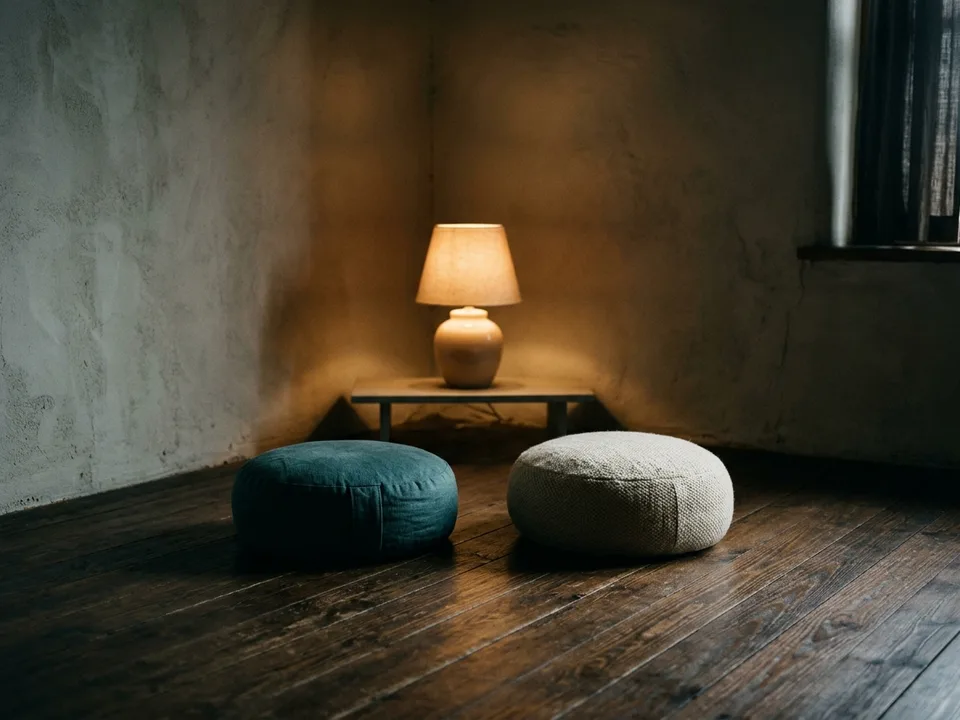 Two round meditation cushions on a bare wooden floor beside a low lamp