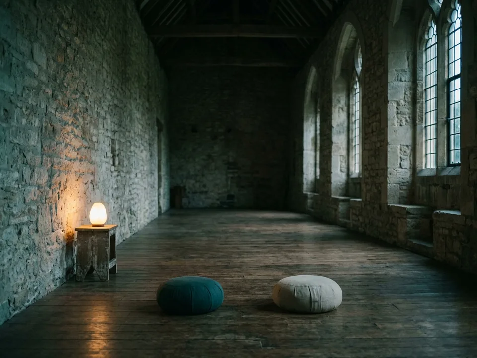 Two round meditation cushions on a bare wooden floor beside a low lamp
