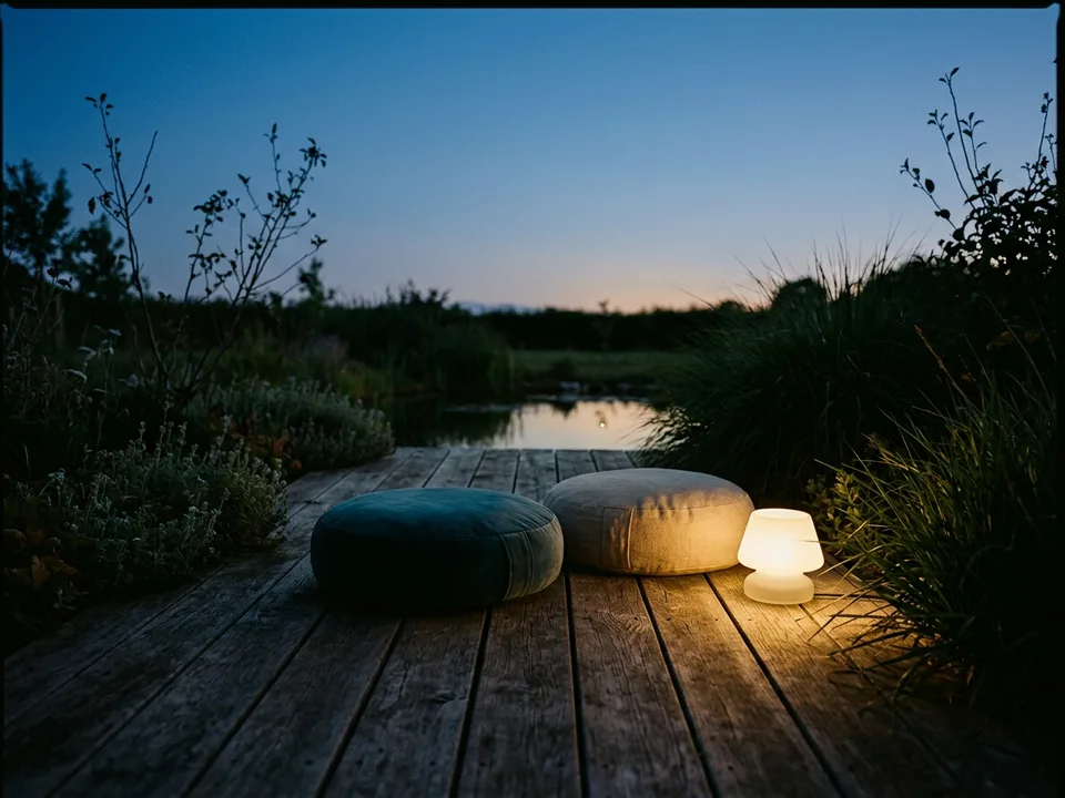 Two round meditation cushions on a bare wooden floor beside a low lamp