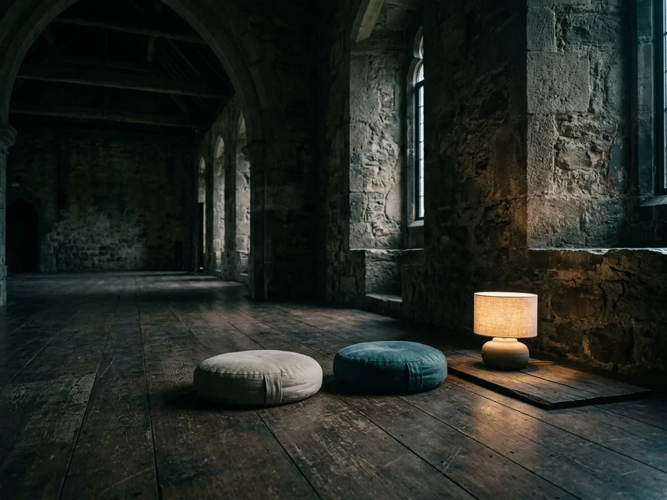 Two round meditation cushions on a bare wooden floor beside a low lamp