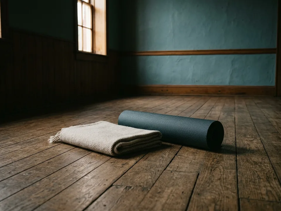 A rolled yoga mat and a folded blanket on a wooden floor in morning light