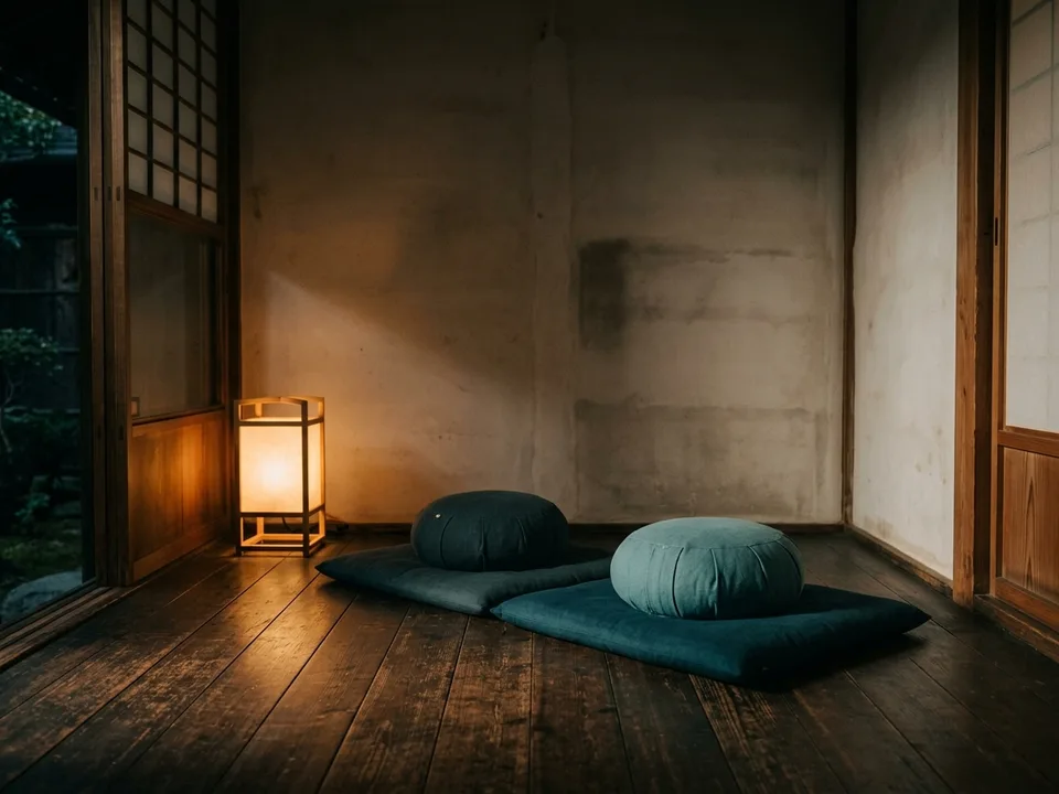 Two round meditation cushions on a bare wooden floor beside a low lamp
