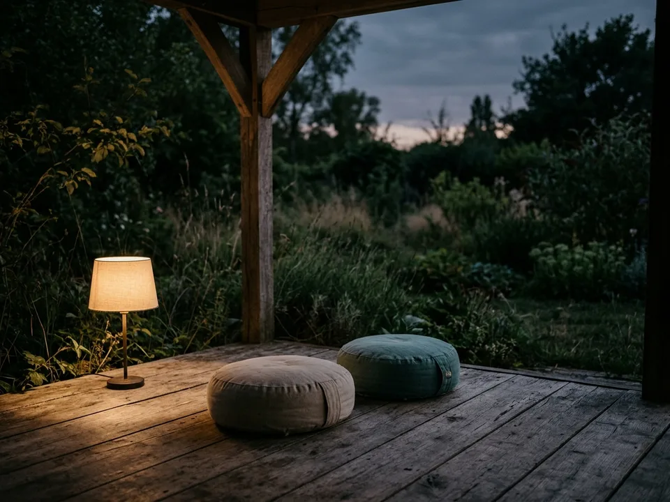Two round meditation cushions on a bare wooden floor beside a low lamp