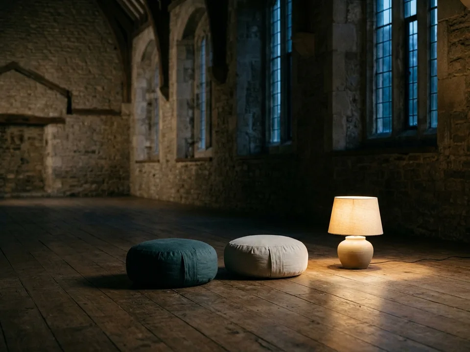 Two round meditation cushions on a bare wooden floor beside a low lamp