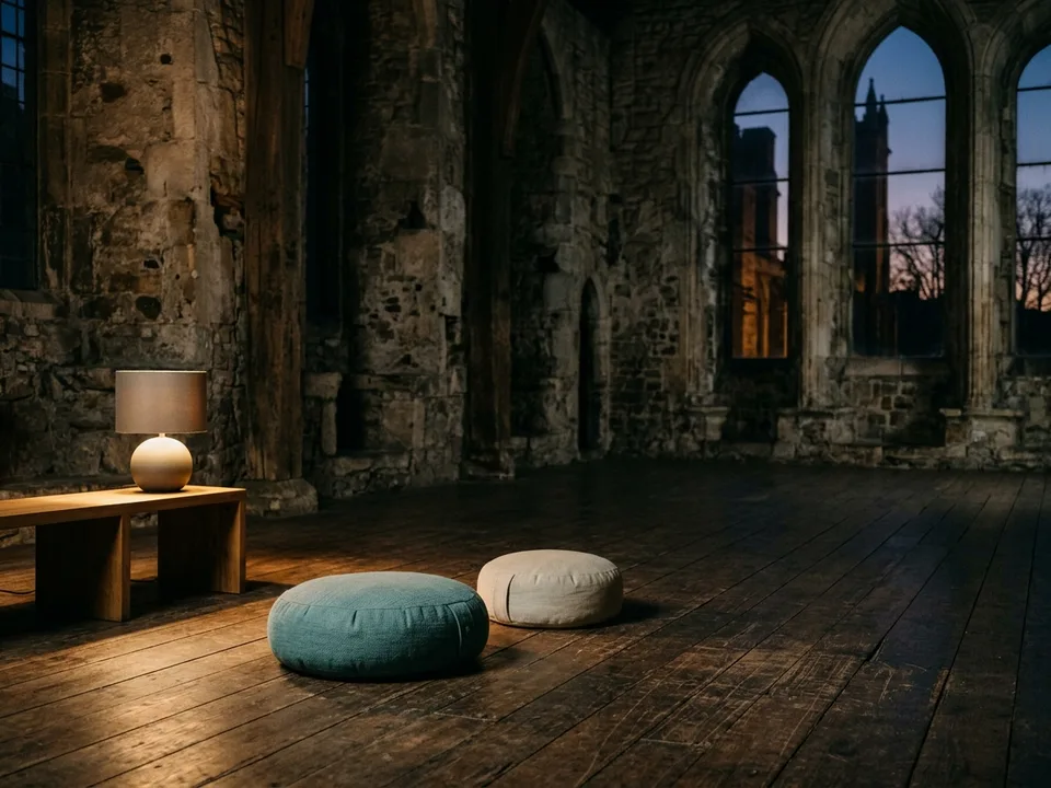 Two round meditation cushions on a bare wooden floor beside a low lamp