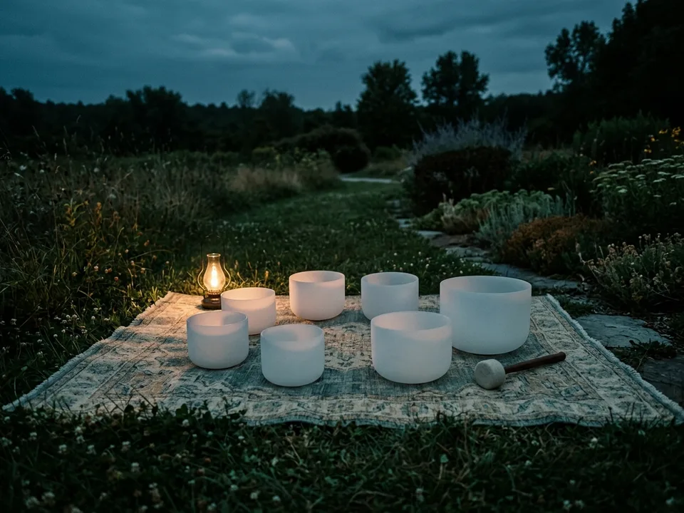 Crystal singing bowls and a mallet arranged on a rug in low lamplight