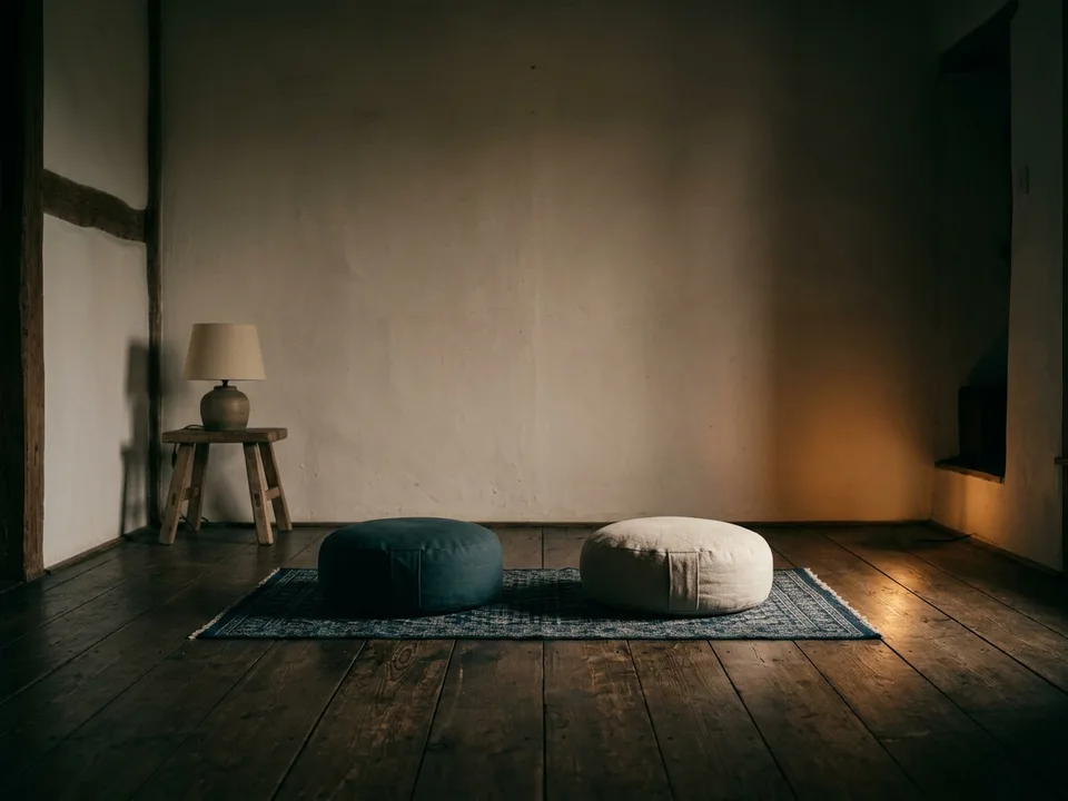 Two round meditation cushions on a bare wooden floor beside a low lamp