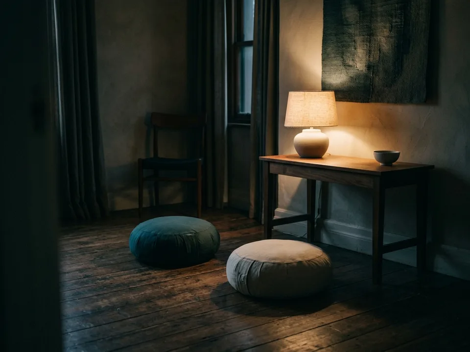 Two round meditation cushions on a bare wooden floor beside a low lamp