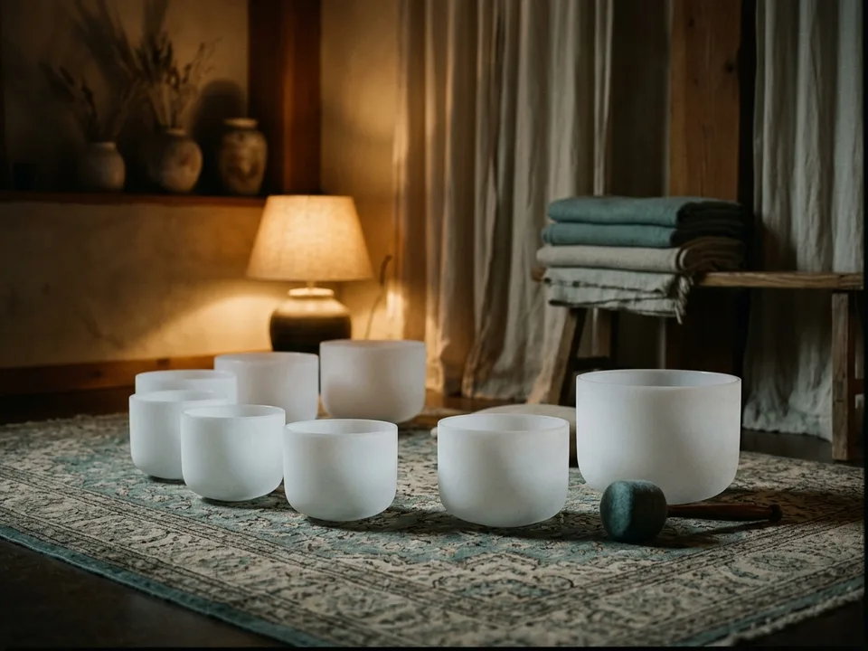 Crystal singing bowls and a mallet arranged on a rug in low lamplight